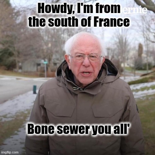 I'm from the south of France | Howdy, I'm from the south of France; Bone sewer you all' | image tagged in memes,bernie i am once again asking for your support | made w/ Imgflip meme maker