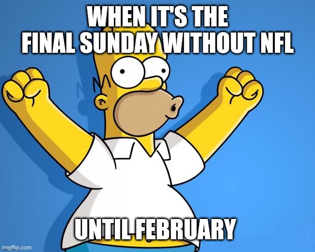 Not long now | WHEN IT'S THE FINAL SUNDAY WITHOUT NFL; UNTIL FEBRUARY | image tagged in woohoo homer simpson,nfl,nfl memes,memes | made w/ Imgflip meme maker