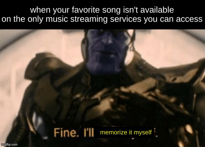 fine, I'll do it myself | when your favorite song isn't available on the only music streaming services you can access; memorize it myself | image tagged in fine i'll do it myself | made w/ Imgflip meme maker