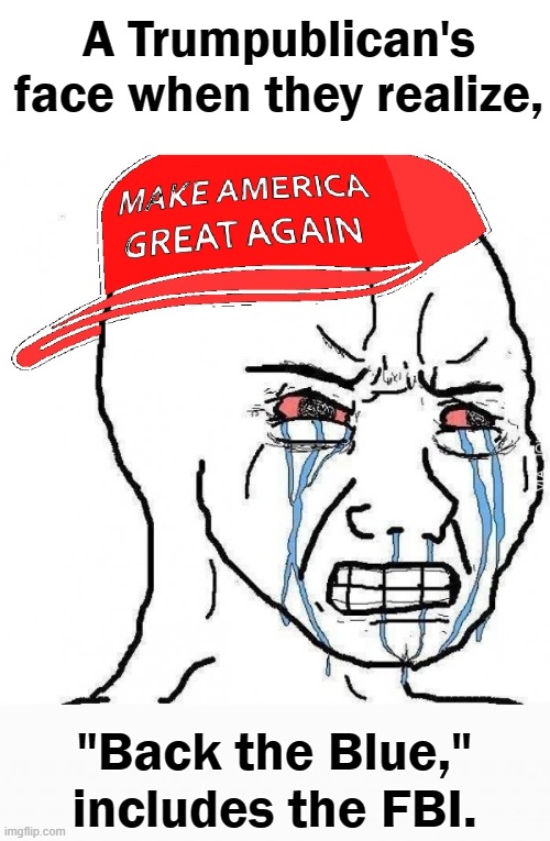 A Trumpublican's face when they realize, "Back the Blue," includes the FBI. | image tagged in crying wojak maga,fbi,back the blue,trumpublicans | made w/ Imgflip meme maker