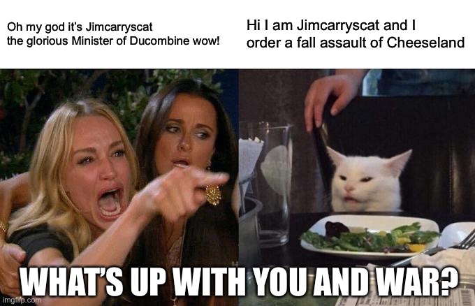 Woman Yelling At Cat | Oh my god it’s Jimcarryscat the glorious Minister of Ducombine wow! Hi I am Jimcarryscat and I order a fall assault of Cheeseland; WHAT’S UP WITH YOU AND WAR? | image tagged in memes,woman yelling at cat | made w/ Imgflip meme maker