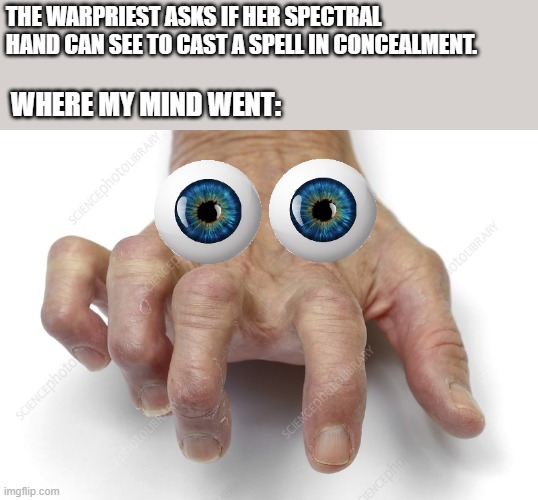 The things Pathfinder players say... | THE WARPRIEST ASKS IF HER SPECTRAL HAND CAN SEE TO CAST A SPELL IN CONCEALMENT. WHERE MY MIND WENT: | image tagged in ttrpg,pathfinder,d20,dnd | made w/ Imgflip meme maker