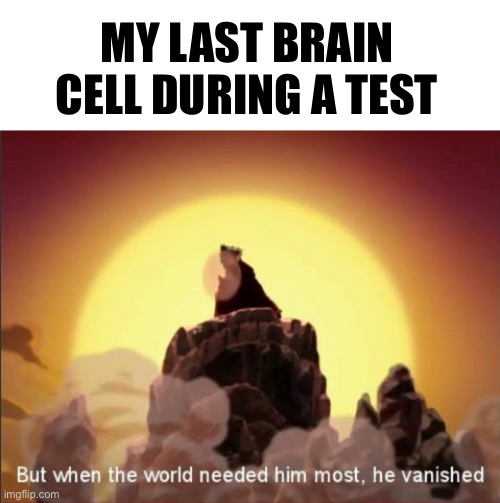 But when the world needed him most, he vanished | MY LAST BRAIN CELL DURING A TEST | image tagged in but when the world needed him most he vanished,test | made w/ Imgflip meme maker