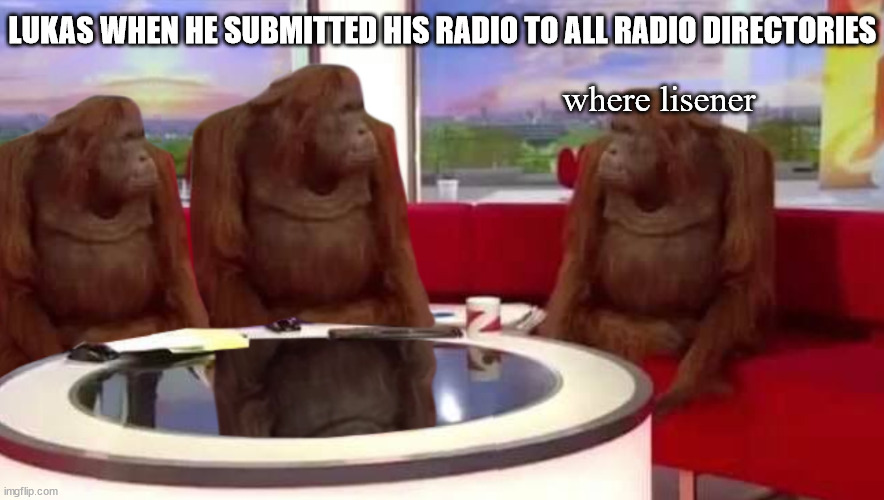 Lukas Radio MEME (cringe) | LUKAS WHEN HE SUBMITTED HIS RADIO TO ALL RADIO DIRECTORIES; where lisener | image tagged in where monkey | made w/ Imgflip meme maker