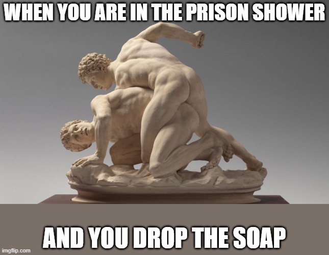 Dropping the soap in the prison shower |  WHEN YOU ARE IN THE PRISON SHOWER; AND YOU DROP THE SOAP | image tagged in canova wrestlers,prison,shower,soap | made w/ Imgflip meme maker