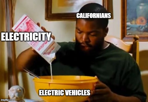 California's Electric Car Problem |  CALIFORNIANS; ELECTRICITY; ELECTRIC VEHICLES | image tagged in cali sucks,fjb | made w/ Imgflip meme maker