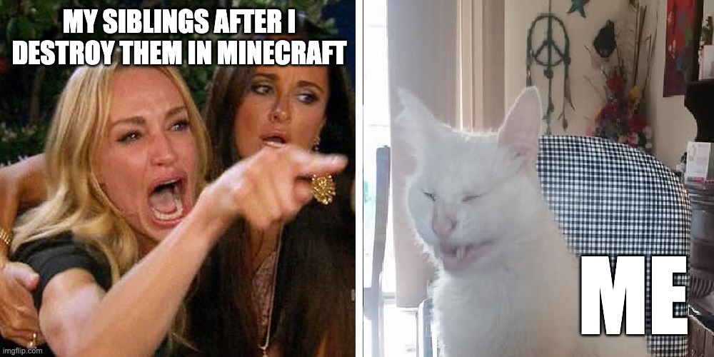 #imagine | MY SIBLINGS AFTER I DESTROY THEM IN MINECRAFT; ME | image tagged in smiling cat,sibling rivalry | made w/ Imgflip meme maker