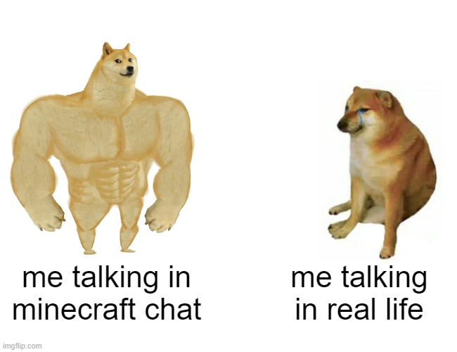 Buff Doge vs. Cheems Meme | me talking in minecraft chat; me talking in real life | image tagged in memes,buff doge vs cheems | made w/ Imgflip meme maker