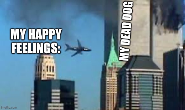 ;( | MY DEAD DOG; MY HAPPY FEELINGS: | image tagged in 9/11 plane crash,9/11,911 9/11 twin towers impact | made w/ Imgflip meme maker