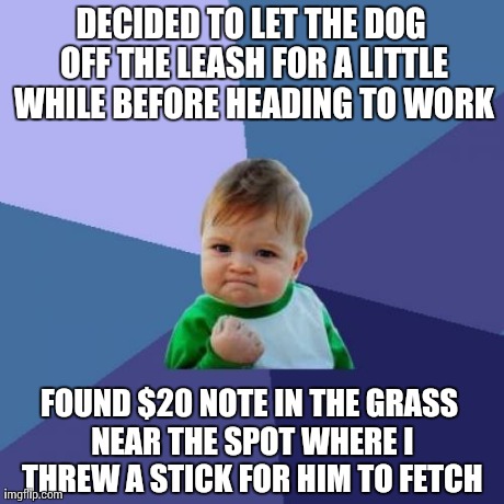 Success Kid | DECIDED TO LET THE DOG OFF THE LEASH FOR A LITTLE WHILE BEFORE HEADING TO WORK FOUND $20 NOTE IN THE GRASS NEAR THE SPOT WHERE I THREW A STI | image tagged in memes,success kid | made w/ Imgflip meme maker