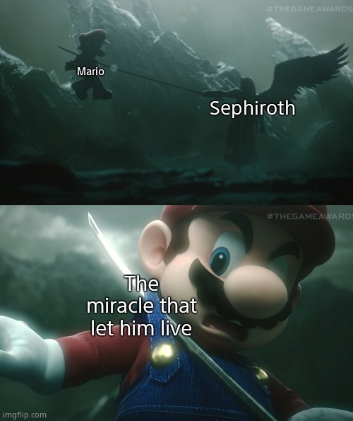 Image Title |  Mario; Sephiroth; The miracle that let him live | image tagged in mario sephiroth stab | made w/ Imgflip meme maker