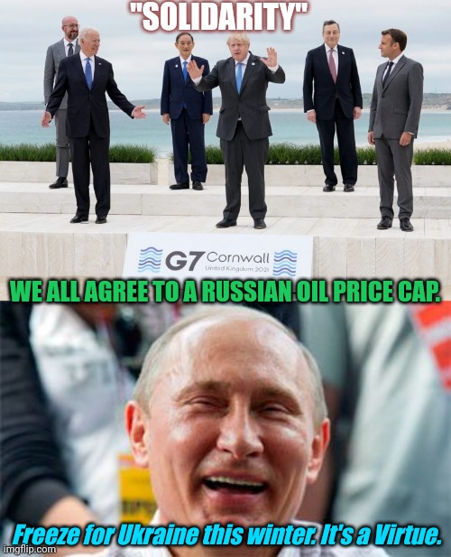 G7: Perhaps We Should Delay that Pronouns Discussion 'till the Spring... | "SOLIDARITY"; WE ALL AGREE TO A RUSSIAN OIL PRICE CAP. Freeze for Ukraine this winter. It's a Virtue. | image tagged in putin laugh,spoiler alert,pipeline,frozen,dumb and dumber,the great awakening | made w/ Imgflip meme maker