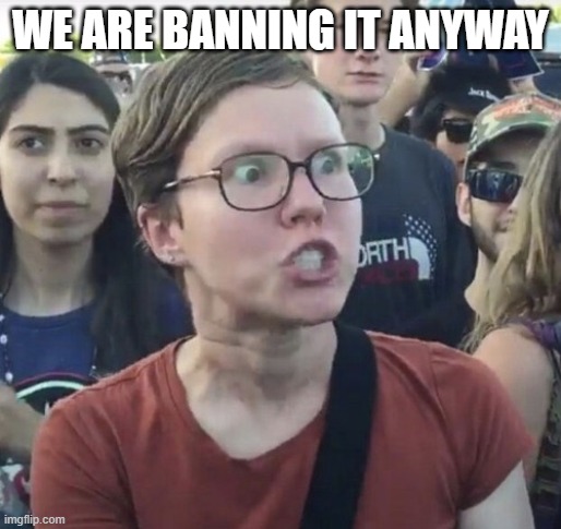 Triggered feminist | WE ARE BANNING IT ANYWAY | image tagged in triggered feminist | made w/ Imgflip meme maker
