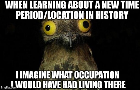 Weird Stuff I Do Potoo | WHEN LEARNING ABOUT A NEW TIME PERIOD/LOCATION IN HISTORY  I IMAGINE WHAT OCCUPATION I WOULD HAVE HAD LIVING THERE | image tagged in memes,weird stuff i do potoo,AdviceAnimals | made w/ Imgflip meme maker