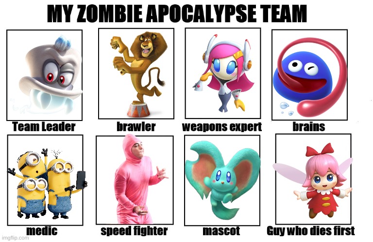 My Zombie Apocalypse Team | image tagged in my zombie apocalypse team,crossover,madagascar,kirby,pink guy,minions | made w/ Imgflip meme maker