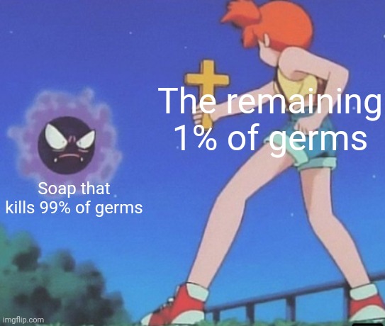 Out of this house, OUT OF THIS HOUSE | The remaining 1% of germs; Soap that kills 99% of germs | image tagged in pokemon exorcism,gaming,anime,one percent | made w/ Imgflip meme maker