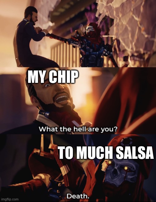 To much salsa | MY CHIP; TO MUCH SALSA | image tagged in what are you death | made w/ Imgflip meme maker