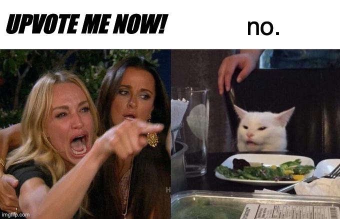 Woman Yelling At Cat Meme | UPVOTE ME NOW! no. | image tagged in memes,woman yelling at cat | made w/ Imgflip meme maker