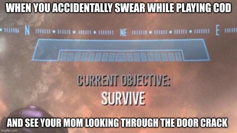 Current Objective: Survive | WHEN YOU ACCIDENTALLY SWEAR WHILE PLAYING COD; AND SEE YOUR MOM LOOKING THROUGH THE DOOR CRACK | image tagged in current objective survive | made w/ Imgflip meme maker