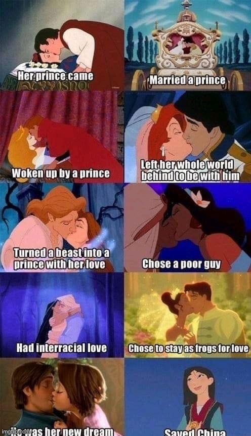 I’m not sure what overarching point this meme makes — but I do know it pisses off BritishMormon, and that’s good enough for me | image tagged in disney princesses,kissing,disney,libtrads,britishmormon,boi | made w/ Imgflip meme maker