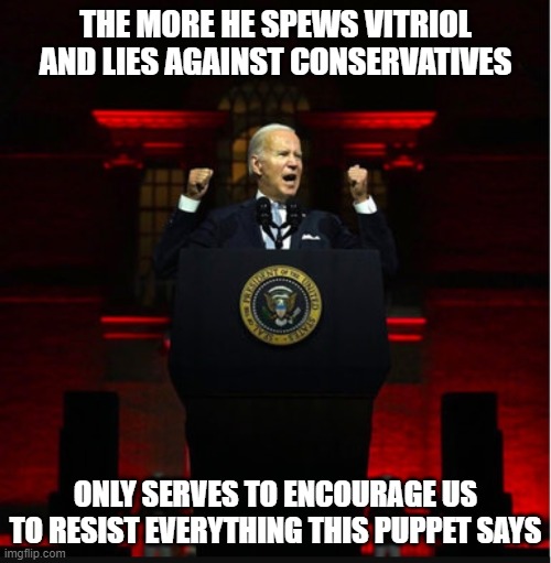 FJB once and for all. |  THE MORE HE SPEWS VITRIOL AND LIES AGAINST CONSERVATIVES; ONLY SERVES TO ENCOURAGE US TO RESIST EVERYTHING THIS PUPPET SAYS | image tagged in angry biden,democrats,liberals,woke,soros,incompetence | made w/ Imgflip meme maker
