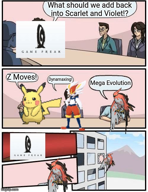 Mega Evolution has not returned ? | What should we add back into Scarlet and Violet!? Z Moves! Dynamaxing! Mega Evolution | image tagged in memes,boardroom meeting suggestion | made w/ Imgflip meme maker