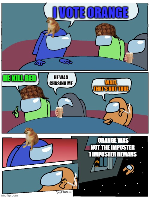 Among Us Meeting | I VOTE ORANGE; HE KILL RED; HE WAS CHASING ME; WAIT, THAT'S NOT TRUE; ORANGE WAS NOT THE IMPOSTER 1 IMPOSTER REMANS | image tagged in among us meeting | made w/ Imgflip meme maker