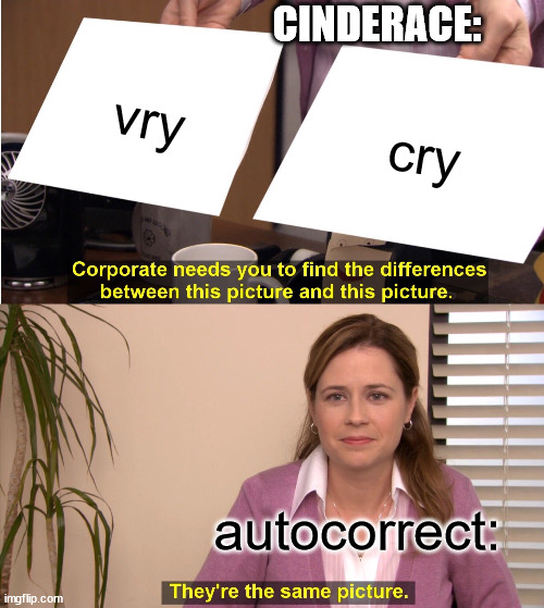 They're The Same Picture Meme | CINDERACE:; vry; cry; autocorrect: | image tagged in memes,they're the same picture | made w/ Imgflip meme maker
