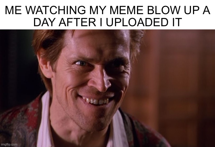 Yes, yes! | ME WATCHING MY MEME BLOW UP A
DAY AFTER I UPLOADED IT | image tagged in william dafoe | made w/ Imgflip meme maker