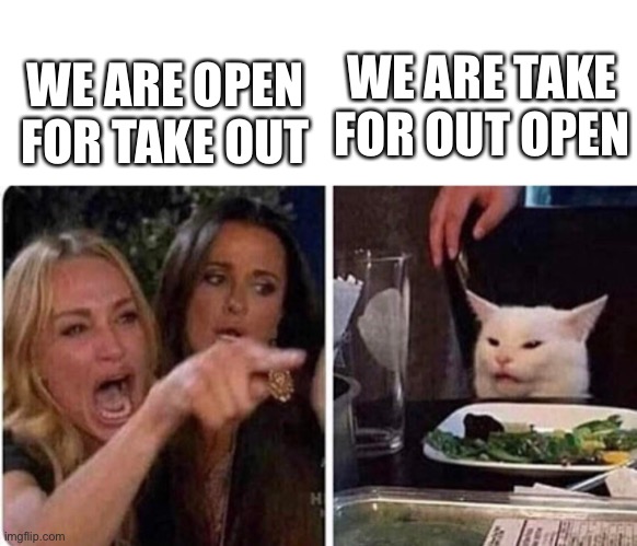 Lady screams at cat | WE ARE OPEN FOR TAKE OUT WE ARE TAKE FOR OUT OPEN | image tagged in lady screams at cat | made w/ Imgflip meme maker