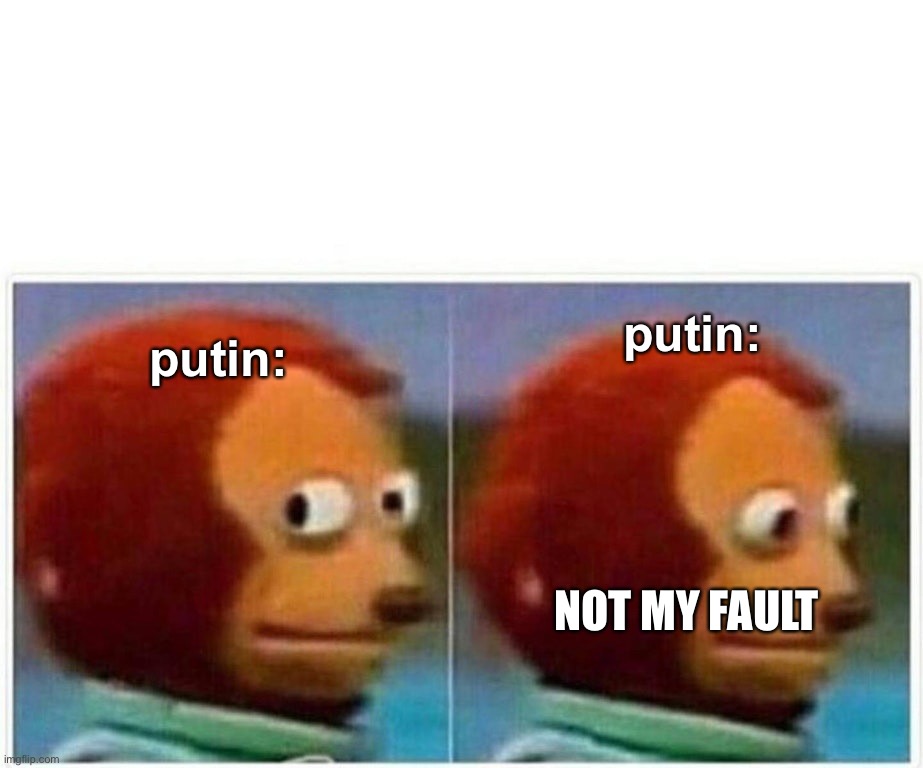 Monkey Puppet Meme | putin: putin: NOT MY FAULT | image tagged in memes,monkey puppet | made w/ Imgflip meme maker