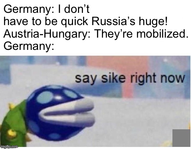 WWI | Germany: I don’t have to be quick Russia’s huge!
Austria-Hungary: They’re mobilized.
Germany: | image tagged in say sike right now,wwi,history memes | made w/ Imgflip meme maker