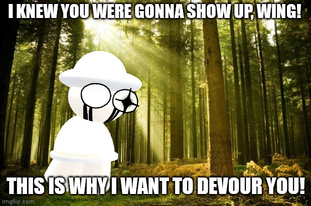 sunlit forest | I KNEW YOU WERE GONNA SHOW UP, WING! THIS IS WHY I WANT TO DEVOUR YOU! | image tagged in sunlit forest | made w/ Imgflip meme maker