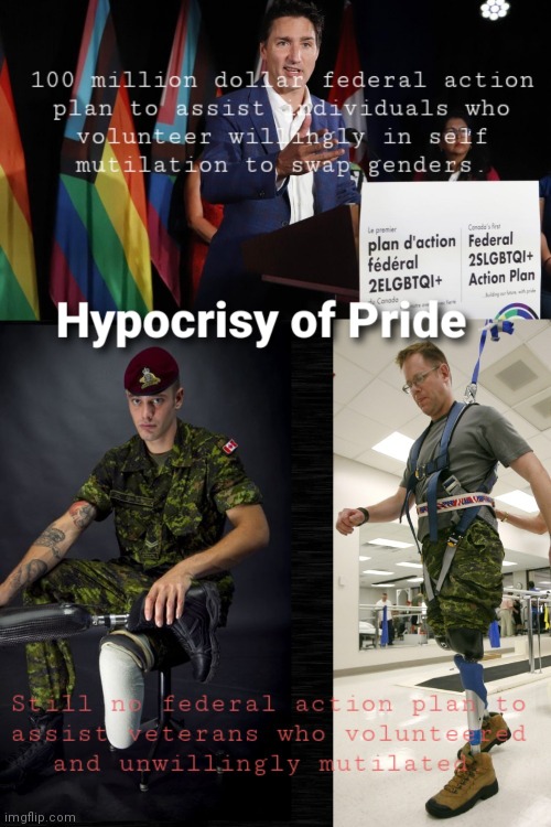 Hypocrisy of Pride | image tagged in trudeau,veterans,lgbtq | made w/ Imgflip meme maker