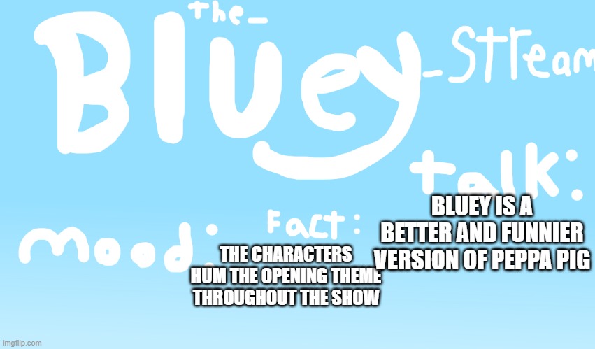 i mean yeah | BLUEY IS A BETTER AND FUNNIER VERSION OF PEPPA PIG; THE CHARACTERS HUM THE OPENING THEME THROUGHOUT THE SHOW | image tagged in the_bluey_stream talk for the_bluey_stream only | made w/ Imgflip meme maker