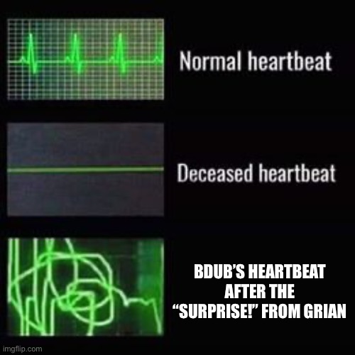 SURPRISE | BDUB’S HEARTBEAT AFTER THE “SURPRISE!” FROM GRIAN | image tagged in heartbeat rate | made w/ Imgflip meme maker