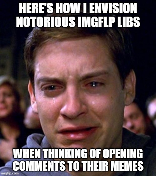 How convicted must they be to choose "disable comments"? | HERE'S HOW I ENVISION NOTORIOUS IMGFLP LIBS; WHEN THINKING OF OPENING COMMENTS TO THEIR MEMES | image tagged in crying peter parker,liberals,democrats,woke,critical thinker,cowards | made w/ Imgflip meme maker