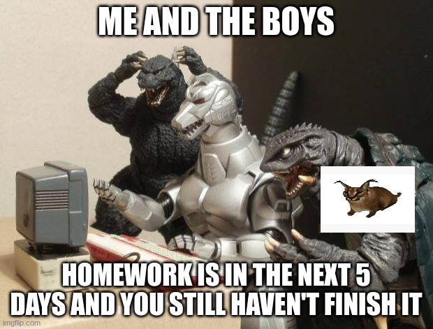 THE BOYS | ME AND THE BOYS; HOMEWORK IS IN THE NEXT 5 DAYS AND YOU STILL HAVEN'T FINISH IT | image tagged in godzilla can't believe | made w/ Imgflip meme maker