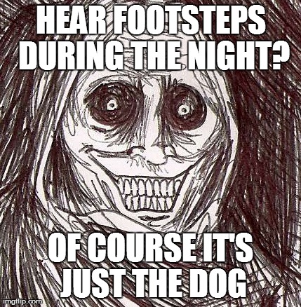 Unwanted House Guest | HEAR FOOTSTEPS DURING THE NIGHT? OF COURSE IT'S JUST THE DOG | image tagged in memes,unwanted house guest | made w/ Imgflip meme maker