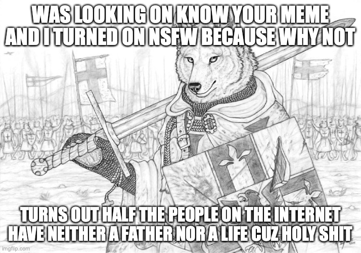 Fursader. | WAS LOOKING ON KNOW YOUR MEME AND I TURNED ON NSFW BECAUSE WHY NOT; TURNS OUT HALF THE PEOPLE ON THE INTERNET HAVE NEITHER A FATHER NOR A LIFE CUZ HOLY SHIT | image tagged in fursader | made w/ Imgflip meme maker