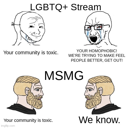 We're the most toxic stream, tbh | LGBTQ+ Stream; Your community is toxic. YOUR HOMOPHOBIC! WE'RE TRYING TO MAKE FEEL PEOPLE BETTER, GET OUT! MSMG; Your community is toxic. We know. | made w/ Imgflip meme maker