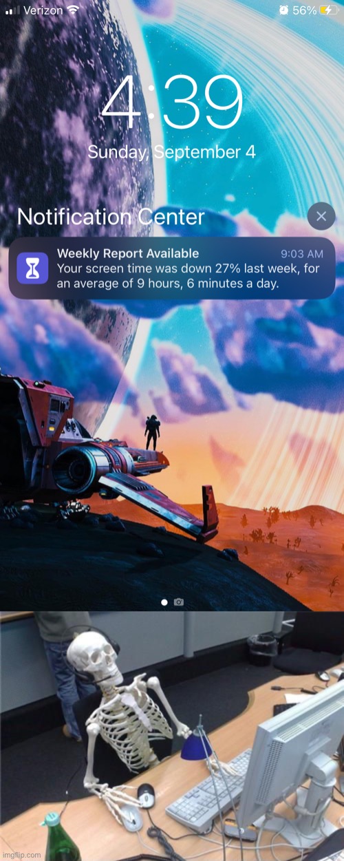 Screen time | image tagged in skeleton computer,funny memes,keep scrolling,barney will eat all of your delectable biscuits | made w/ Imgflip meme maker