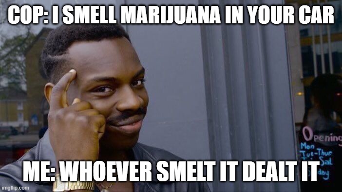 The age old rule | COP: I SMELL MARIJUANA IN YOUR CAR; ME: WHOEVER SMELT IT DEALT IT | image tagged in memes,roll safe think about it | made w/ Imgflip meme maker