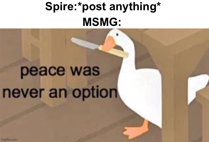 Untitled Goose Peace Was Never an Option | Spire:*post anything*; MSMG: | image tagged in untitled goose peace was never an option | made w/ Imgflip meme maker