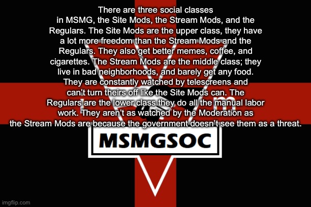 MSMGSOC flag | There are three social classes in MSMG, the Site Mods, the Stream Mods, and the Regulars. The Site Mods are the upper class, they have a lot more freedom than the Stream Mods and the Regulars. They also get better memes, coffee, and cigarettes. The Stream Mods are the middle class; they live in bad neighborhoods, and barely get any food. They are constantly watched by telescreens and can’t turn theirs off like the Site Mods can. The Regulars are the lower class they do all the manual labor work. They aren’t as watched by the Moderation as the Stream Mods are because the government doesn’t see them as a threat. | image tagged in msmgsoc flag | made w/ Imgflip meme maker