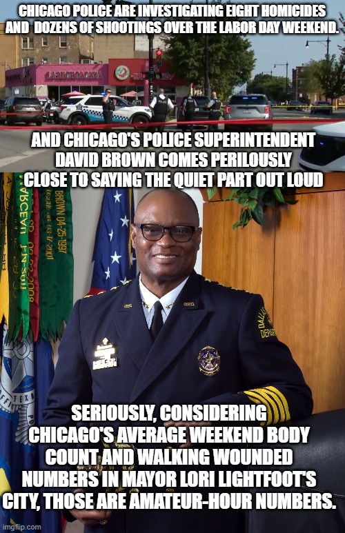 Just another average bloody nightmare in another typical Dem Party controlled city. | CHICAGO POLICE ARE INVESTIGATING EIGHT HOMICIDES AND  DOZENS OF SHOOTINGS OVER THE LABOR DAY WEEKEND. AND CHICAGO'S POLICE SUPERINTENDENT DAVID BROWN COMES PERILOUSLY CLOSE TO SAYING THE QUIET PART OUT LOUD; SERIOUSLY, CONSIDERING CHICAGO'S AVERAGE WEEKEND BODY COUNT AND WALKING WOUNDED NUMBERS IN MAYOR LORI LIGHTFOOT'S CITY, THOSE ARE AMATEUR-HOUR NUMBERS. | image tagged in blood n guts | made w/ Imgflip meme maker