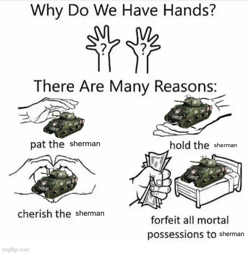 Why do we have hands? (all blank) | sherman; sherman; sherman; sherman | image tagged in why do we have hands all blank,tanks,tank,wwii,memes,ww2 | made w/ Imgflip meme maker