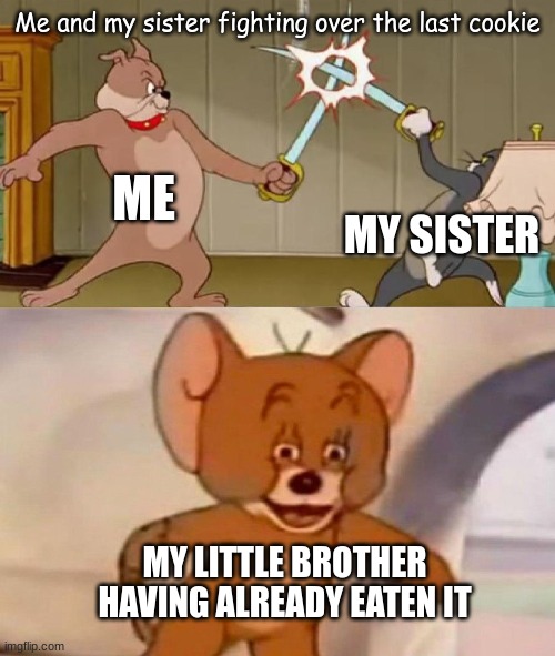 R.I.P cookie :((( |  Me and my sister fighting over the last cookie; ME; MY SISTER; MY LITTLE BROTHER HAVING ALREADY EATEN IT | image tagged in tom and jerry swordfight,cookies,arguing | made w/ Imgflip meme maker