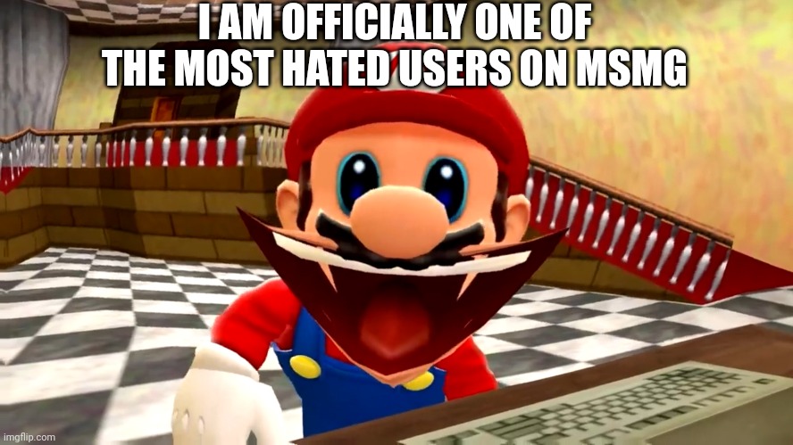 Cursed SMG4 Mario | I AM OFFICIALLY ONE OF THE MOST HATED USERS ON MSMG | image tagged in cursed smg4 mario | made w/ Imgflip meme maker