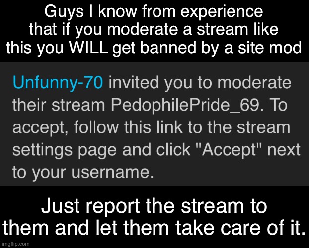 Don’t accept that invitation | Guys I know from experience that if you moderate a stream like this you WILL get banned by a site mod; Just report the stream to them and let them take care of it. | image tagged in public service announcement | made w/ Imgflip meme maker